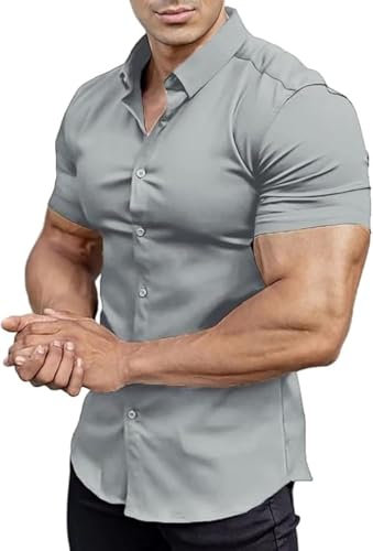 EOUOSS Men’s Muscle Fit Dress Shirts Stretch Athletic Slim Fit Short Sleeve Casual Button Down Shirt, Iron Grey, XS