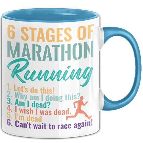 Marathon-Läufer Tasse Geschenk Jogger 6 Stages Of Marathon Running Joggen Kaffee-Becher (Blau)