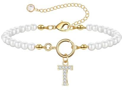 TINGN Armbänder Damen Mädchen - Perlenarmband Damen 18K Gold Gefüllte Gold Buchstaben S Armband Initiale Charm Armband Schmuck Damen Hochzeitsgeschenk Geschenke für Frauen Mädchen Perlen Armband