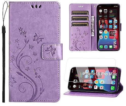Anshow for iPhone 16 Pro Max Case Wallet with Wrist Strap, Flip Leather Case with Cards Holder Phone Case with Kickstand Cover for iPhone 16 Pro Max, Purple