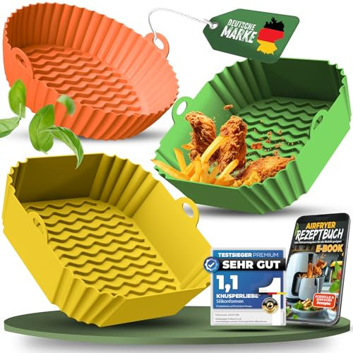 KNUSPERLIEBE® Set of 3 Silicone Mould for Hot Air Fryer Accessories, Silicone Insert for Airfryer, Dishwasher-Safe, BPA-Free, Air Fryer, from 3.7 L for Ninja Double Stack, Philips, Cosori, Tefal and