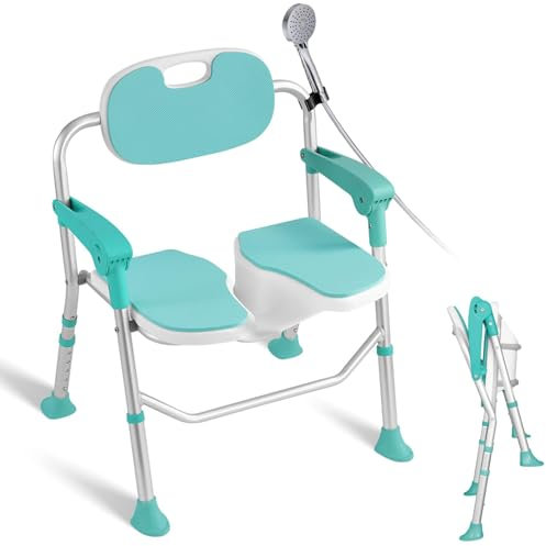 Chaise de douche pliante avec accoudoirs, dossier et pieds antidérapants réglables en hauteur pour personnes âgées jusqu'à 180 kg