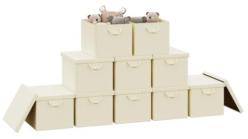 WOLTU Foldable Storage Boxes Set of 10, Fabric Storage Cubes with Metal Frame, Storage Baskets with Lid and Handles, Clothes Organisers for Wardrobe, Study, Children's Room, Bedroom, Cream, 48x36x30cm