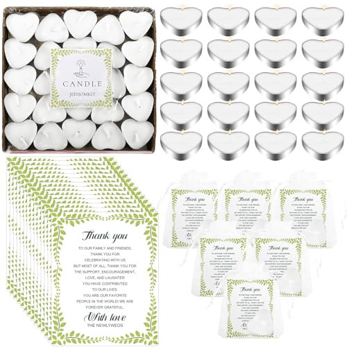 EOGRFW Lot de 100 bougies chauffe-plat en forme de cœur, bougies chauffe-plat non parfumées, amour romantique, 100 cartes de remerciement et sachets en organza, mini bougies chauffe-plat, cadeaux de
