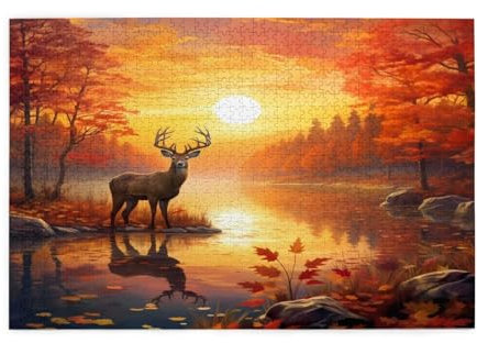 Mexpekil 1000 Teile Puzzles für Erwachsene Herbst Wald Fluss Sonnenuntergang Hirsch Holzpuzzles Herausfordernde Puzzlespiele für Jugendliche Geschenke
