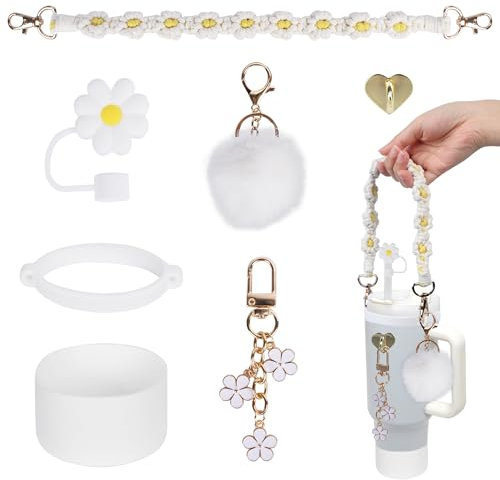 Cup Accessories Set Compatible with Stanley Cup, 7 pcs Accessories Set Silicone Straw Cover Cap Bohemian Woven Handle Cute Pendant Compatible with Stanley 40oz 30oz Tumbler (White)