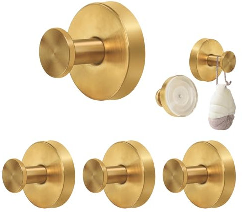 KINDPMA 4PCS Suction Hooks for Bathroom Suction Cup Hooks Gold Stainless Steel Waterproof Shower Hook Suction Towel Holder for Shower Kitchen Hanging up to 11lbs