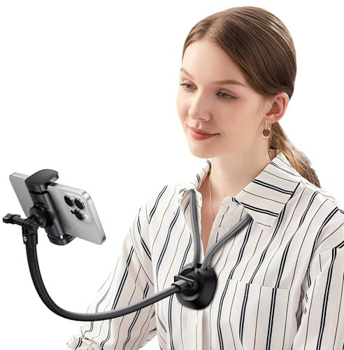nediea Neck Phone Holder Adjustable, POV/Vlog Phone Holder with 11.42 Longer Arm Clamp, Hand Free Phone Mount for Watching Videos, 360° Rotatatable Phone Stand, Compatible With 4.7-7 Smartphones