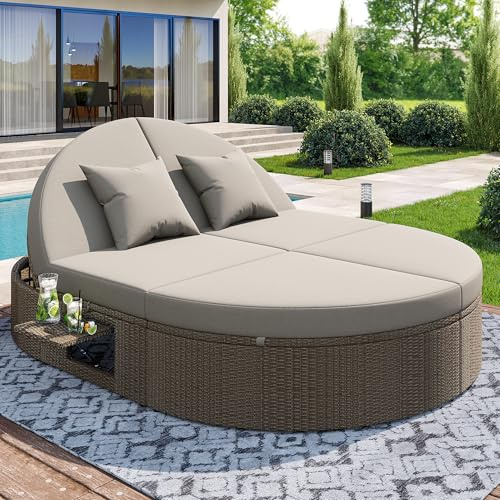 Garten Loungesessel Set 2 sitzer mit Verstellbare Rückenlehne, Rattan Doppel-Liege, Gartenlounge Set mit Sitzkissen und Seitlichem Regal, Balkonmöbel Set für Garten, Terrasse, Familientreffen, Grau