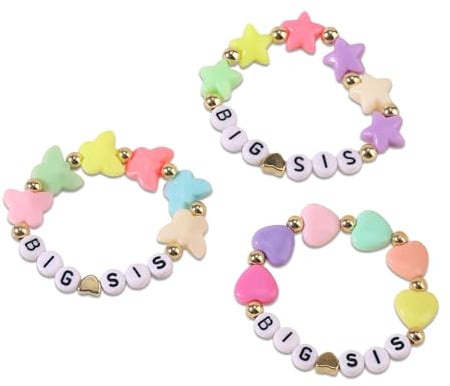Mikovivi 3stk Armband Schwestern Große, 3 Stile Buntes Armband mit Anfangsbuchstabe aus Acrylperlen mit Schmetterling Stern Herz Charm Weibliche Accessoires Geschenk für Große Schwestern