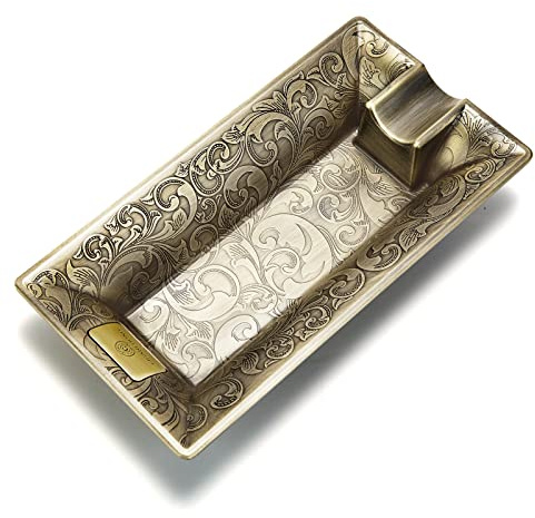 Cendrier à cigares en acier inoxydable avec support de calibre à anneau large incassable et gravures exquises pour les amateurs de cigares (Doré)