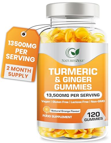 Turmeric and Ginger Gummies High Strength –13,500mg | Joint, Immune & Digestive Support | Vegan, Gluten-Free, Non-GMO, Lactose-Free 120 Chewable Gummies | Natural Orange Flavour by NATURES ZEST