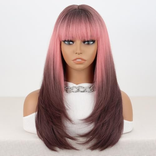 Perruques pour femmes Perruque synthétique longue brun roux rose avec frange et boucle intérieure Perruque bouclée