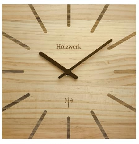 Holzwerk EBERSBERG (Funk) Natur Holz Funk Wanduhr Holz-Uhr Funkwanduhr Eckig Funkuhr Vintage laufleises Uhrwerk ohne Tickgeräusche Buche nahezu lautlos aus handgefertigtem Massivholz Natur 25 cm