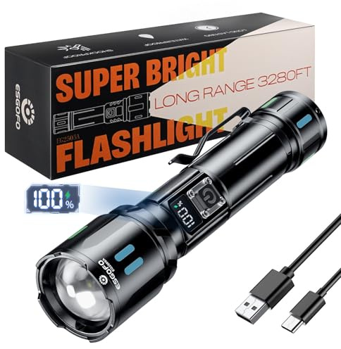 ESGOFO Rechargeable Torch LED Super Bright 1000000 Lumen, Powerful Flashlight Long Distance Zoomable & Single Click 3 Modes, High Power USB C Long Lasting 15H Flash Light, for Camping Hiking Emergency