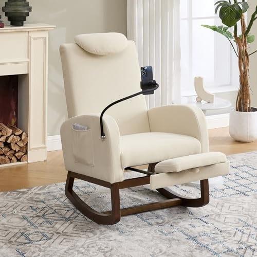 PUGSDRLY Fauteuil a Bascule 65x88x99cm,Fauteuil Salon Relax,Rocking Chair avec Support Téléphone,Repose-Pieds Rétractable,Appui-tête,Poches Latérales,pour Bureau Chambre (Velours Côtelé, Beige)