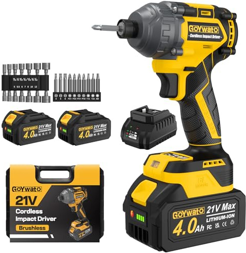 Visseuse à Chocs Sans Fil 300N·m, Réception Hex 1/4, 21V Tournevis à Percussion pour Travaux de Vissage Difficiles, Moteur Sans Balais & 2 Batteries 4.0Ah & 14 Douilles & 10 Embouts de Tournevis