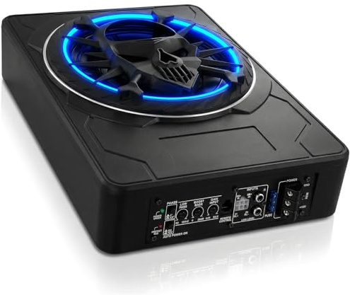 OiLiehu 10 Slim Under Seat Car Subwoofer with 1200W Stereo Surround Sound, Built-in Audio Amplifier, with Multiple Colors LED Ambient Light