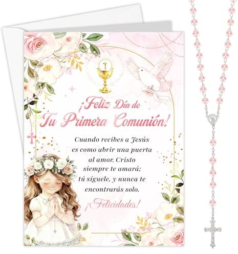 HOWAF Carte de vœux pour Première Communion et Chapelets Religieux Roses, Idées Cadeaux pour Première Communion