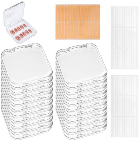 Penitue 20pcs Press On Nail Storage Box with Double Sided Adhesive Strips, Clear Fake Nail Display Case Container for Home Salon Travel Packaging and Organization Organizer Organiser Supplies