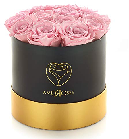 Amoroses 12 Rose Stabilizzate Vere durano Anni - Idea Regalo originale per Donna, per Compleanno, Laurea e Altre Occasioni Speciali (Scatola Nera con Rose Rosa)