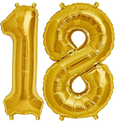 FUNXGO® Folienballon Zahl 18 Gold - Riesenzahl Ballon ca.100 cm - fliegt mit Helium - 18 geburtstag luftballon - Deko zum Geburtstage, Party, Hochzeiten - Ballon 18 Gold