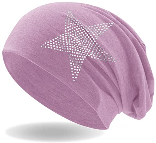 Hatstar Strass Stern Damen Beanie Mütze | elastisches Slouch Long Beanie | Mädchen Mütze | mit edler Strass Applikation | leicht und weich (alt rosa)