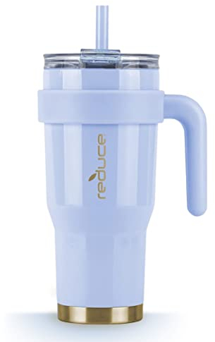 Reduce Trinkbecher mit Griff und Strohhalm, 680 ml, Edelstahl mit Deckel zum Selbsttrinken, hält Getränke bis zu 24 Stunden kalt, schweißfest, spülmaschinenfest, BPA-frei, Gletscher, blickdichter
