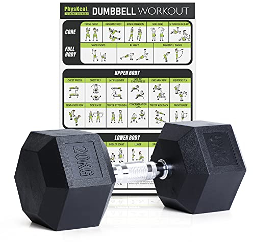 PhysKcal Hexagon Hanteln Poly-Gummierte | 20 kg 1 Stück | Rutschsicher Ummantelt | Ergonomische Verchromte Griffe | Kurzhantel-Set | Dumbbells Set