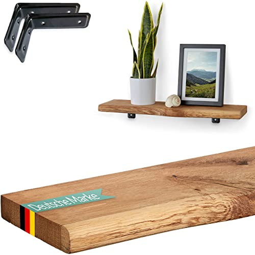 Villanord® Wandregal Eiche (40cm) | Massiv-Holz mit Baumkante | Rustikal mit Baumkante | Wandboard Regalbrett