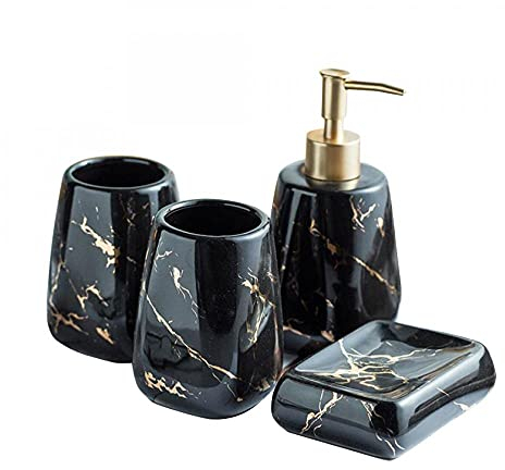 YYW Keramik-Badezimmer-Sets, 3/4/5-teilig, modernes Luxus-Badezimmer-Zubehör-Set, Marmor-Muster, Keramik-Badezimmer-Sets, Zubehör für Zuhause, Wohnung, Schlafsaal (schwarz, 4-teiliges Set)