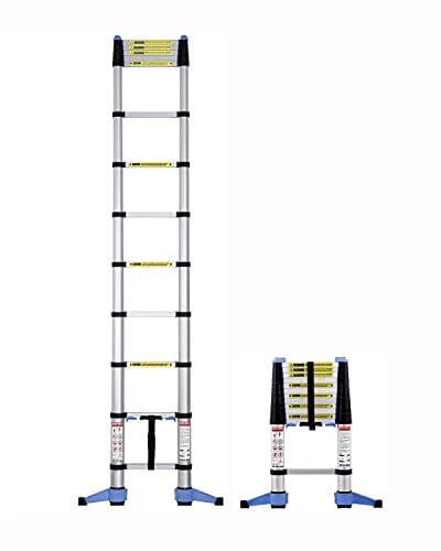 Teleskopleiter, 3,2 m, Soft-Close, hohe ausziehbare Trittleiter, 11 Stufen, kompaktes Design, zusammenklappbare Stabilisatorstange und Wandständer, Aluminium, 150 kg Kapazität, Silber/Schwarz, EN131-6