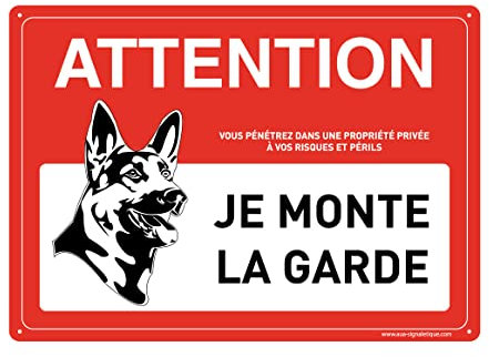 AUA SIGNALETIQUE - Panneau Prépercé (4 trous) angles arrondis Avec Liseret - PVC Rigide 1.5 mm - (210 x 150 mm, Attention Chien Je monte la Garde)