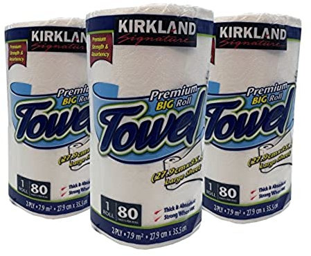 Kirkland Signature Roll Towel | Fabric, White, Blue, 11in x 14in (27.9cm x 35.5cm) | 3 Packs x 80 Sheets