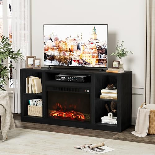 Furniwell Meuble TV de cheminée pour TV de 65, table console de divertissement multimédia avec cheminée électrique de 66 cm, support TV de ferme avec armoire de rangement pour salon (noir)
