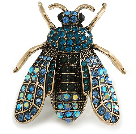 Spilla a forma di mosca in stile vintage, con cristalli blu e foglia di tè, 45 mm di lunghezza, Misura unica, Nessun tipo di metallo, Diamante