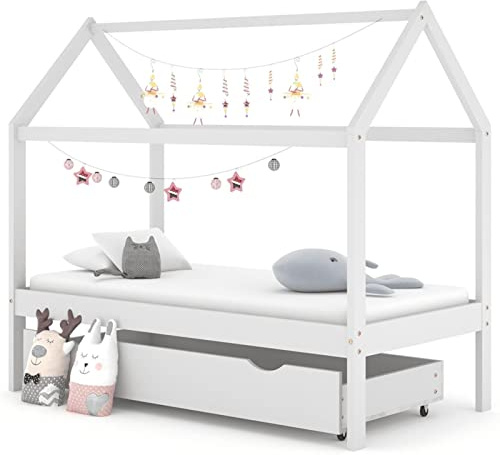 Chusui Kinderbett mit Schublade, Kinderbett, Hausbett, Betten, Kinder Bett, Weiß Massivholz Kiefer 80x160 cm