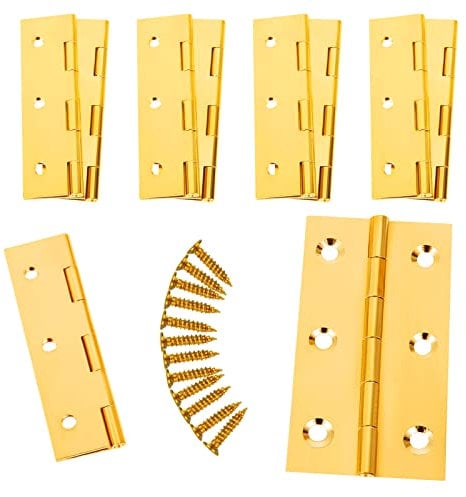 LOLYSIC 10Pcs Brass Hinges 75mm 3 Inch Brass Door Hinges, Polished Brass Butt Hinges with Screws for Internal Door Wooden Boxes Cabinet Cupboard, Gold