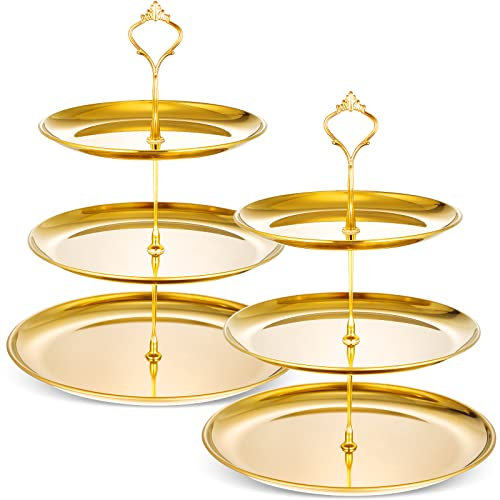 Yaomiao 2 Sets Gold 3 Etagen Serviertablett mit Boden Edelstahl Etagere Cupcake Ständer Dessert Tisch Display Set Cup Cake Tier Ständer Metall Cupcake Turm Obst Dessert Halter Hochzeit Servierplatte
