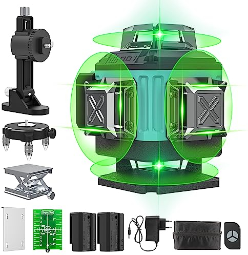 Livella Laser Autolivellante 4 X 360°Verde, IP54 Antipolvere, Impermeabile, ±3° Livellamento Automatico, Per Costruzione e Appendere Quadri, Bluetooth, 2 * batterie, 30M