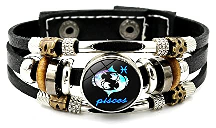 Leuchtendes Lederarmband Mit 12 Sternbildern – Zwölf Sternzeichen,Mehrschichtiges Web-Punk-Armband,Waage,Skorpion,Jungfrau,Löwe,Knopf-Zeit-Edelstein-Armband Für Männer Und Frauen,Fische,Einheitsg