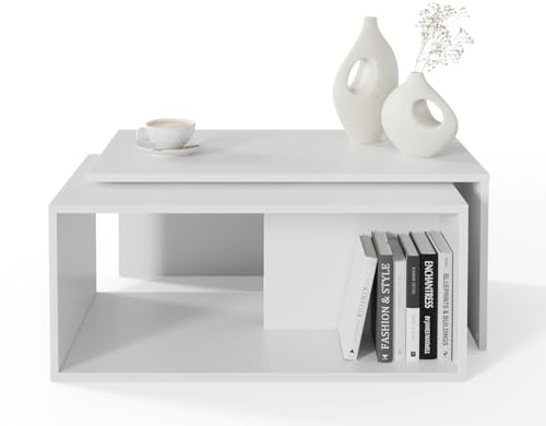 PLATAN ROOM Couchtisch Kaffeetisch 2er Set 90x48x40 cm, moderner Wohnzimmertisch, Sofatisch mit Stauraum, Satztisch (Weiß)
