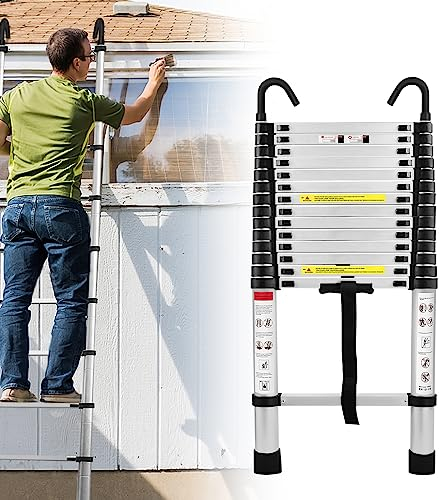 JOIEYOU Teleskopleiter, Aluminium Leiter, Klappleiter, Trittleiter, Ausziehbare Stehleiter, Mehrzweckleiter mit 2 Abnehmbarem Haken, 4.4M, 150 kg Belastbarkeit