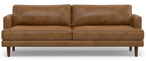 SIMPLIHOME Livingston Sofa - 90 inch Wide Top Grain Genuine Leather Sofa in Caramel Brown, Mid-Century Modern 3-Seater Couch for Living Room with Feather-Wrapped Cushions and Solid Wood Frame