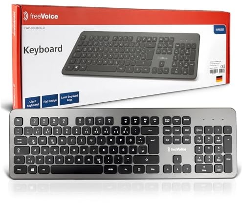 freeVoice Kabellose Tastatur für PC & Laptop – Leise Funk Tastatur ohne Kabel mit 10 m Reichweite – Flaches QWERTZ Keyboard für Büro, Home-Office & Zuhause – rutschfest & batteriebetrieben