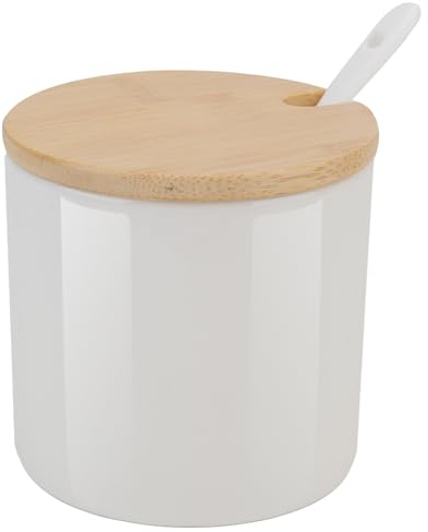 Chase Chic Keramik-Zuckerdose, Zuckerdose aus Keramik mit Löffel und Bambusdeckel für die Kaffeebar, Zuckerdispenser-Glas Gewürzdose für die Küche 230ml Weiß
