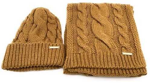 Michael Kors SET Schal&Mütze I Zopfmuster I Winterschal I Beanie I Wollschal I Wintermütze I One Size I Weiche Acrylwolle I Logo I Goldener Geschenkkarton (BRAUN)