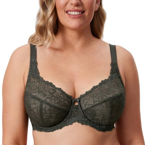 DELIMIRA Dam Plus Size Minimizer Spets-BH:ar Olivgrön 105D | Heltäckande, Ingen vaddering, Ofodrad, Bygel, B-K-kupor