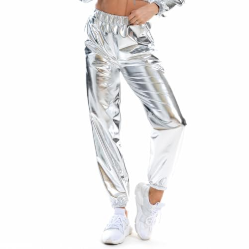 NewL Damen Metallic Glänzend Jogger Casual Holographische Farbe Streetwear Hose Hip Hop Mode Glatte Elastische Hose, S