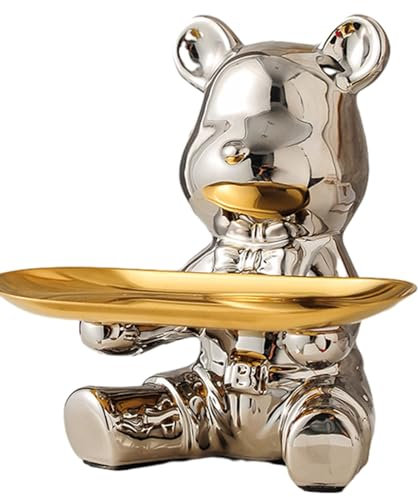 Schlüsselaufbewahrung, kleines Tablett aus Kunstharz, Eisbär-Skulptur mit Metalltablett, Tierfigur, Ornament, stehende Statue, Süßigkeiten-Schmuck-Organizer für Tisch, Schreibtischhalter, Dekoration (